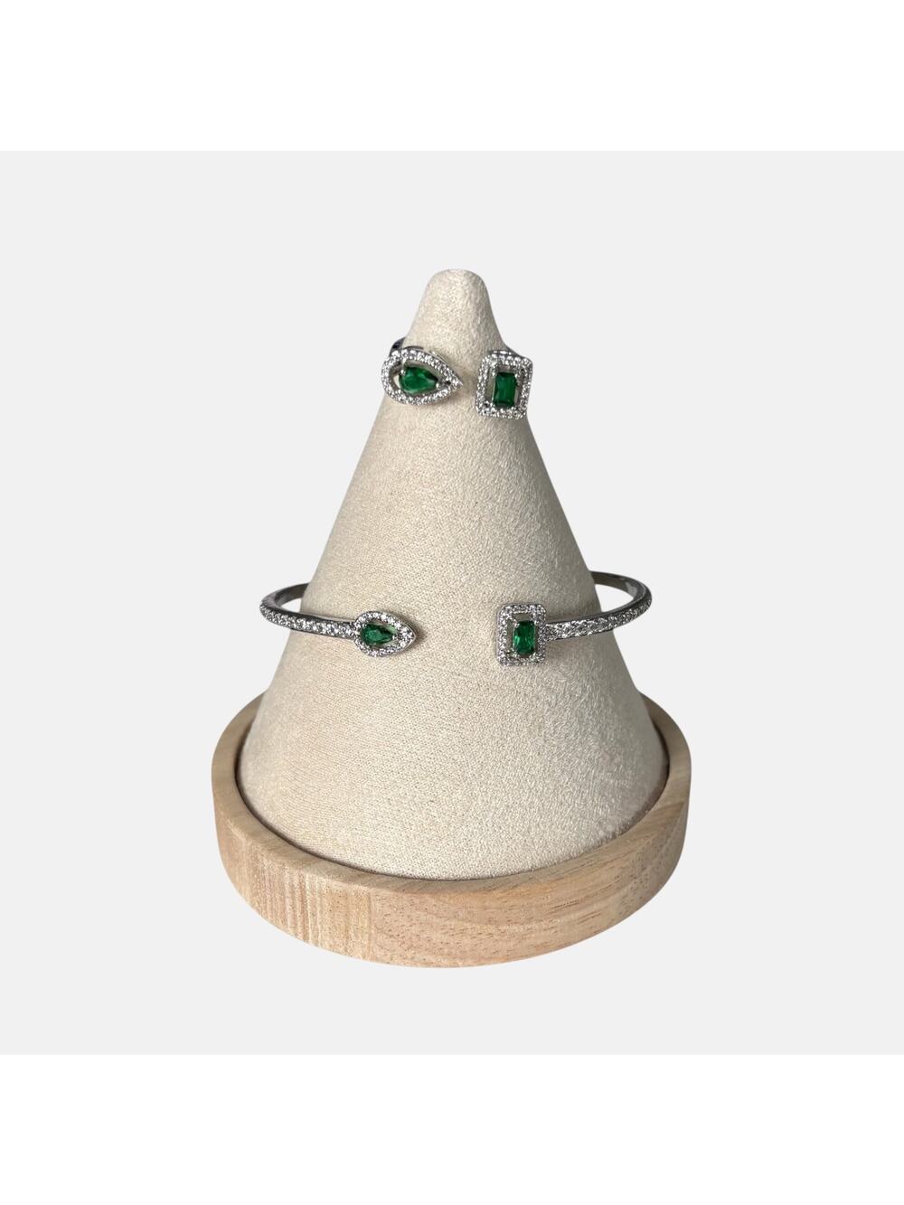 Green Silver Adjustable Bangle & Ring Set